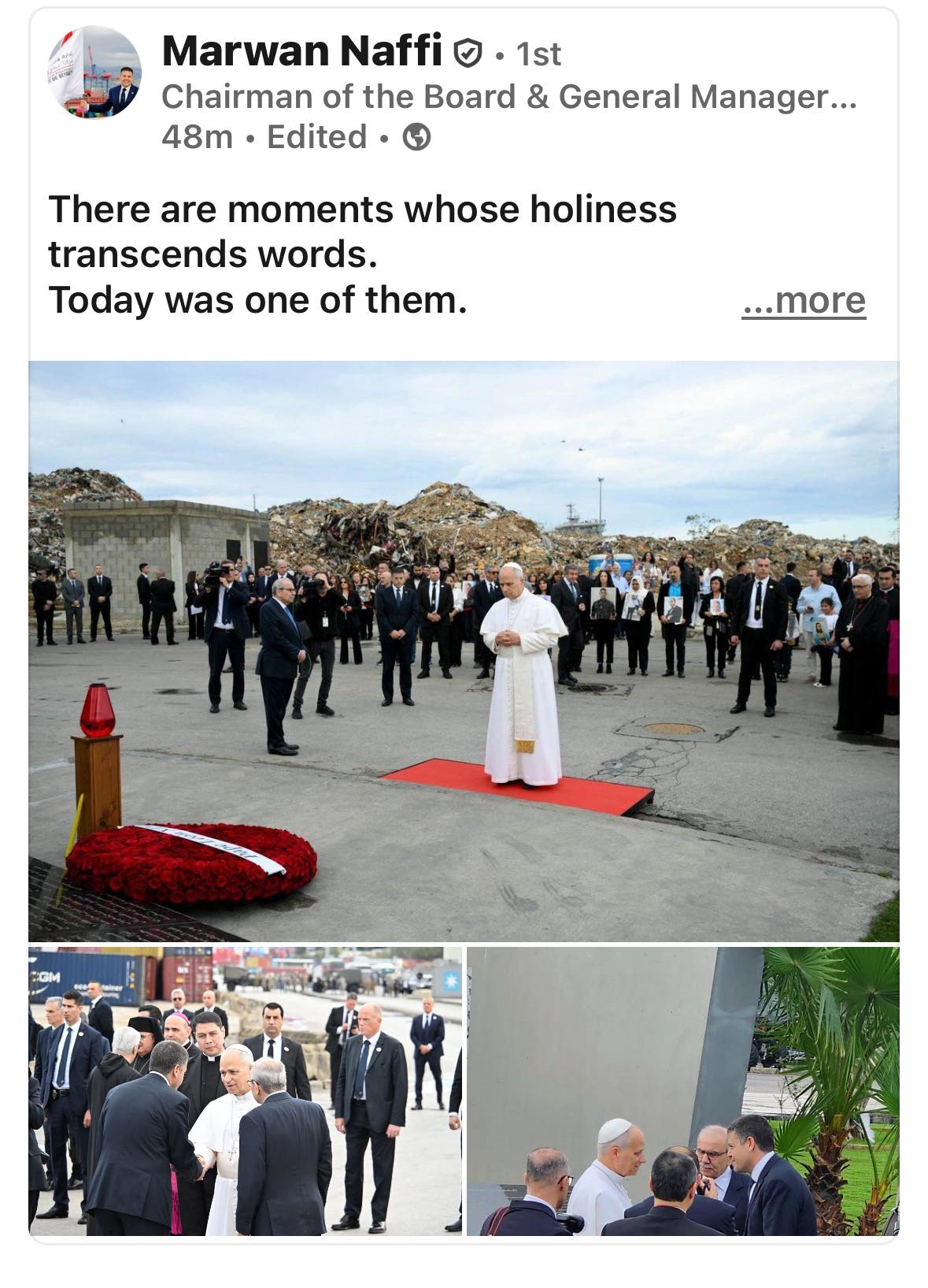 Can’t even begin to imagine how powerful, surreal, and overwhelming that moment must have been. 
My brother with His Holiness Pope Leo XIV, at the Port of Beirut. 
A silent prayer for the victims and injured of August 4th.