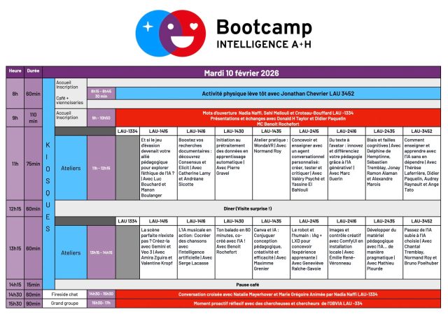 Programmation du Bootcamp Intelligence A+H
https://event.fourwaves.com/fr/db8a49e7-f9d0-4ff2-a1c5-1e3bf62279ea/pages/83e538fc-142c-4e94-9675-2e82f5d6d89f

Là, je suis en train de finaliser le visuel de la programmation pour l’imprimer, et je rencontre les différents responsables d’activités pour tout arrimer. Depuis plus qu’une semaine, je suis 100% Bootcamp: les derniers détails, ceux qui ont l’air petits… mais qui changent tout.

Nos invitées et invités, et les responsables d’ateliers, mettent une énergie folle pour faire de ces trois jours (10-12 février 2026) un vrai parcours: du concret, du vivant, du utile. Ateliers en parallèle, world café, conversations qui comptent… et Sprint 2031 avec l’ATN, jusqu’aux pitches.

Je ne peux pas être plus reconnaissante de toute l’énergie investie dans ces trois jours. On ne vient pas « parler d’IA ». On vient la mettre au travail, avec l’humain au centre.

Faculté des sciences de l'éducation - Université Laval Université Laval